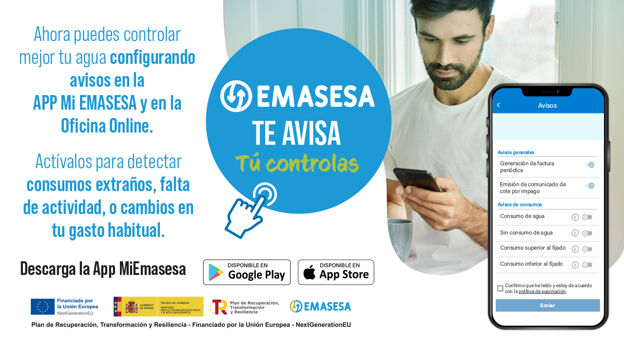 EMASESA campaña TE AVISA cartel adaptaciones ok EMASESA te avisa, tú controlas Activa avisos personalizados para detectar cambios en tu consumo de agua